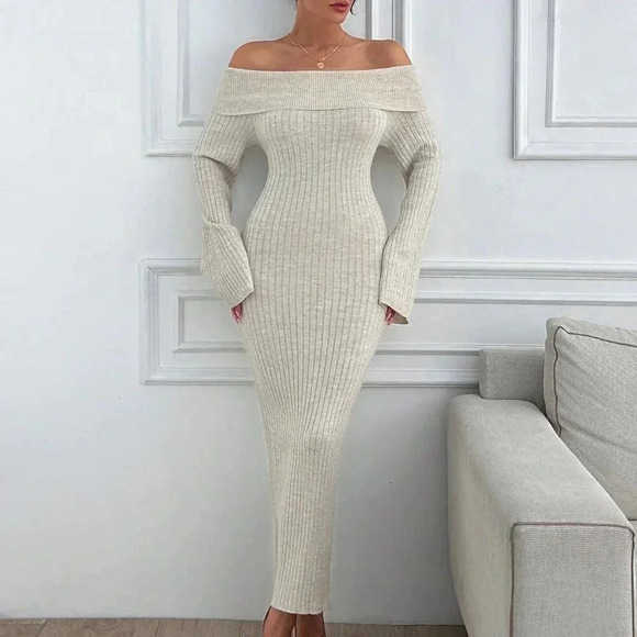Apricot Elegant Women's Off Shoulder Sweater Maxi Dress - Picture 6 of 7